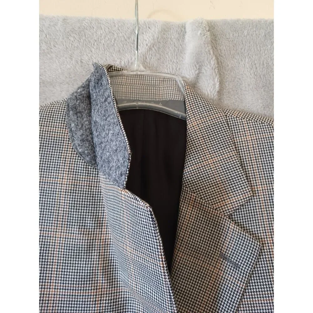 Jack Victor Loretowood Blazer Micro Houndstooth Plaid Cashmere Silk 42L Beige